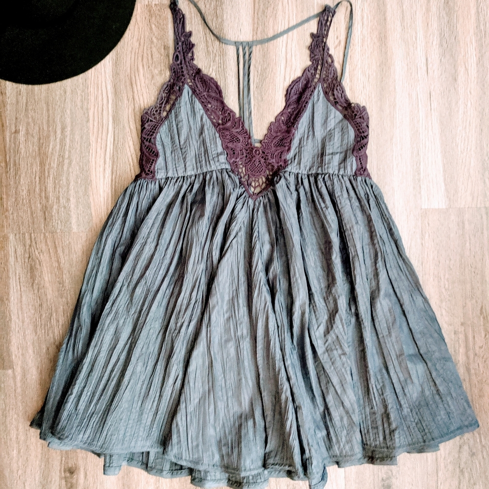 Free People Grey Strappy Lace Pleated Mini Dress S